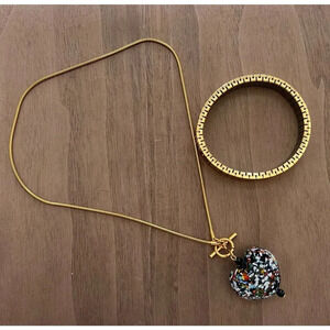 Italian Millefiori Glass Heart on Gold Chain Necklace and Stretch Bracelet